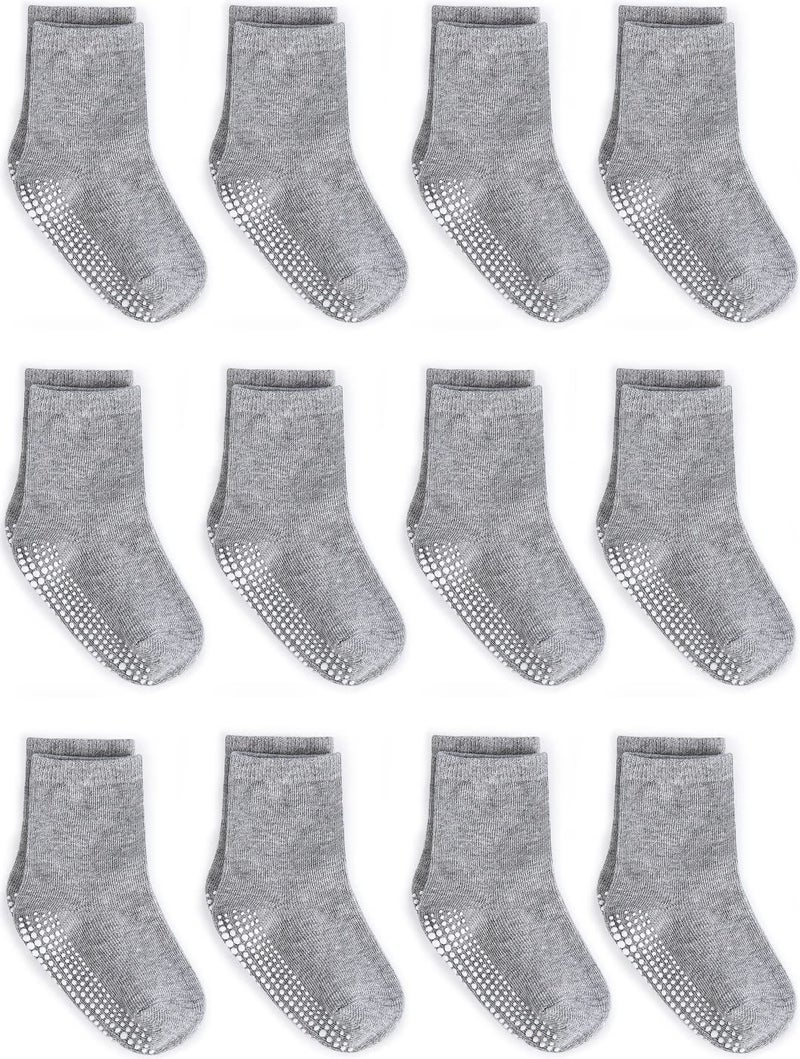 ZAPLES Baby Non Slip Grip Crew Socks with Anti Skid Soles for Infants Toddlers Kids Boys Girls, Gray, 4-7 Years - Image 1